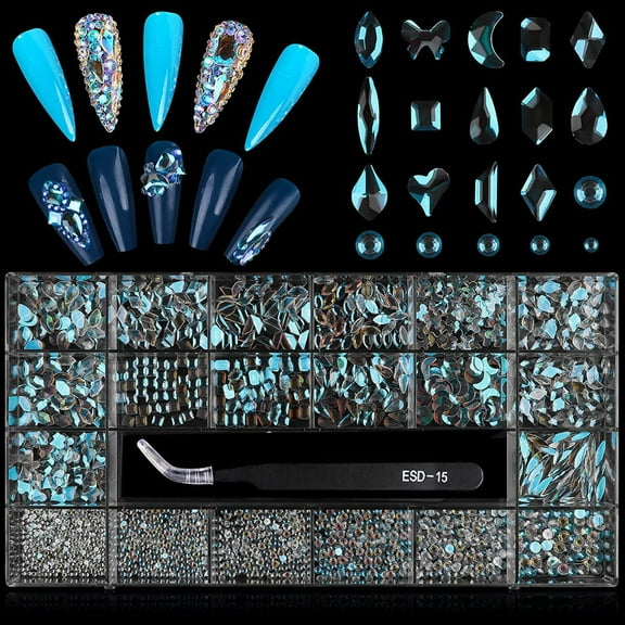 Kalolary 3100Pcs Mixed Shape AB Crystal Rhinestones Kit with Picker, Dotting Pen, and Tweezers Glitter Nail Gems for Stunning Nail Art Designs