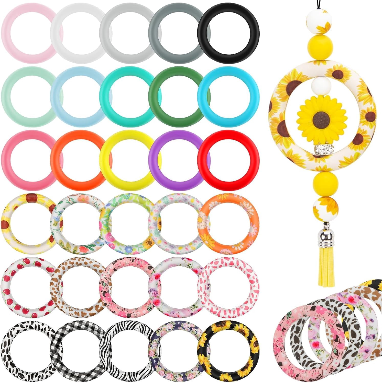 Kalolary 45 PCS Silicone O Rings Beads, 65mm Sunflower Beadable Silicone Rings Spring Summer Round Silicone Loop Silicone Pendant Beads for DIY Keychain Bracelet Jewelry Making Hanging Ornaments