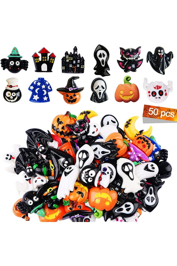 50PCS Halloween Slime Charms, Resin Flatback Pumpkin, Ghost, Spider, Skull Embellishments, Kawaii Halloween Buttons for Crafting, Scrapbook, Phone Case, DIY Projects