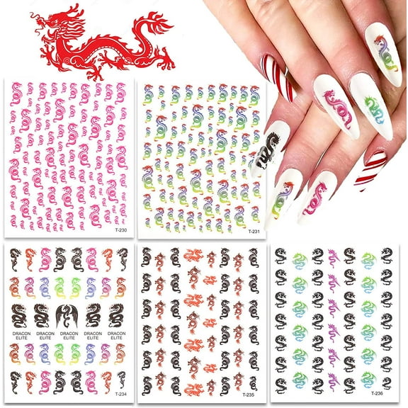 Kalolary 5pcs Dragon Element Nail Art Stickers, 3D Dragon Pattern Print Self-Adhesive Nail Art Decals Water Transfer Nail Stickers Dragon Series Nail Decals for Women Nail Art Decorations