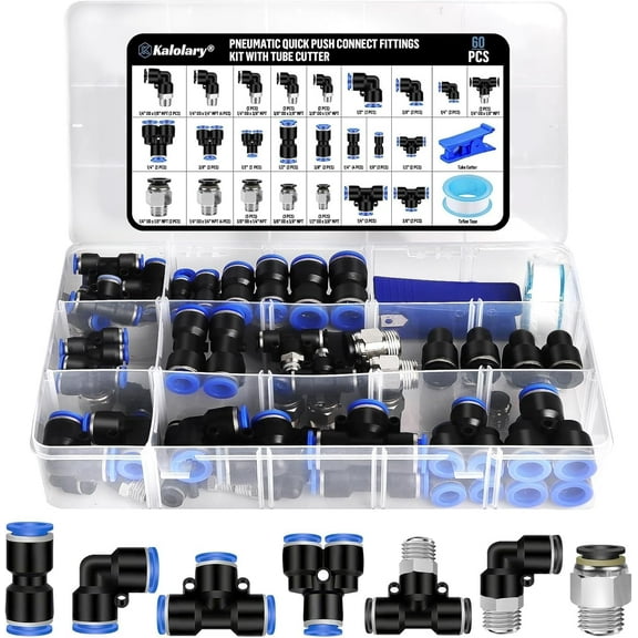 Kalolary 60PCS DOT Air Line Fitting Kit Quick Connect Pneumatic Hose Fittings with NPT Threads for 1/2", 3/8", 1/4", 1/8" Pipes Air Tool Accessories for Workshop & Car