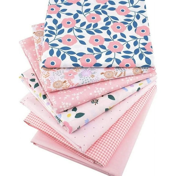 Kalolary 7PCS Pink Fat Quarter Fabric Bundle - Cotton Print with Green Leaves, Red Fruit, Gypsophila, Strawberry & White Flowers for DIY Sewing, Craft Projects (19.6" x 15.7")