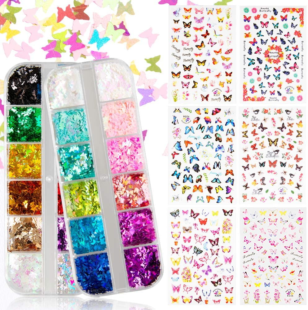 Kalolary Butterfly Nail Art Set, 24 Color/Set Holographic Butterfly Nail Glitter Sequins Laser Butterfly Nail Sequin Acrylic Paillettes, 6 Sheets Butterfly Nail Art Stickers Decals for DIY Nail Art