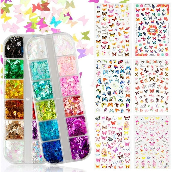 Kalolary Butterfly Nail Art Set, 24 Color/Set Holographic Butterfly Nail Glitter Sequins Laser Butterfly Nail Sequin Acrylic Paillettes, 6 Sheets Butterfly Nail Art Stickers Decals for DIY Nail Art