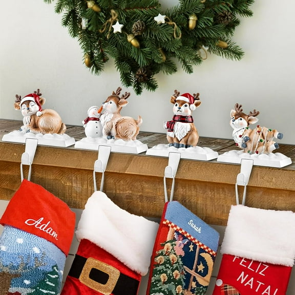 Kalolary Christmas Stocking Holders for Mantle Set 4, Christmas Resin Elk Stocking Hangers for Mantle, Weighted Fireplace Stocking Hooks Elk Figurines Christmas Decorations