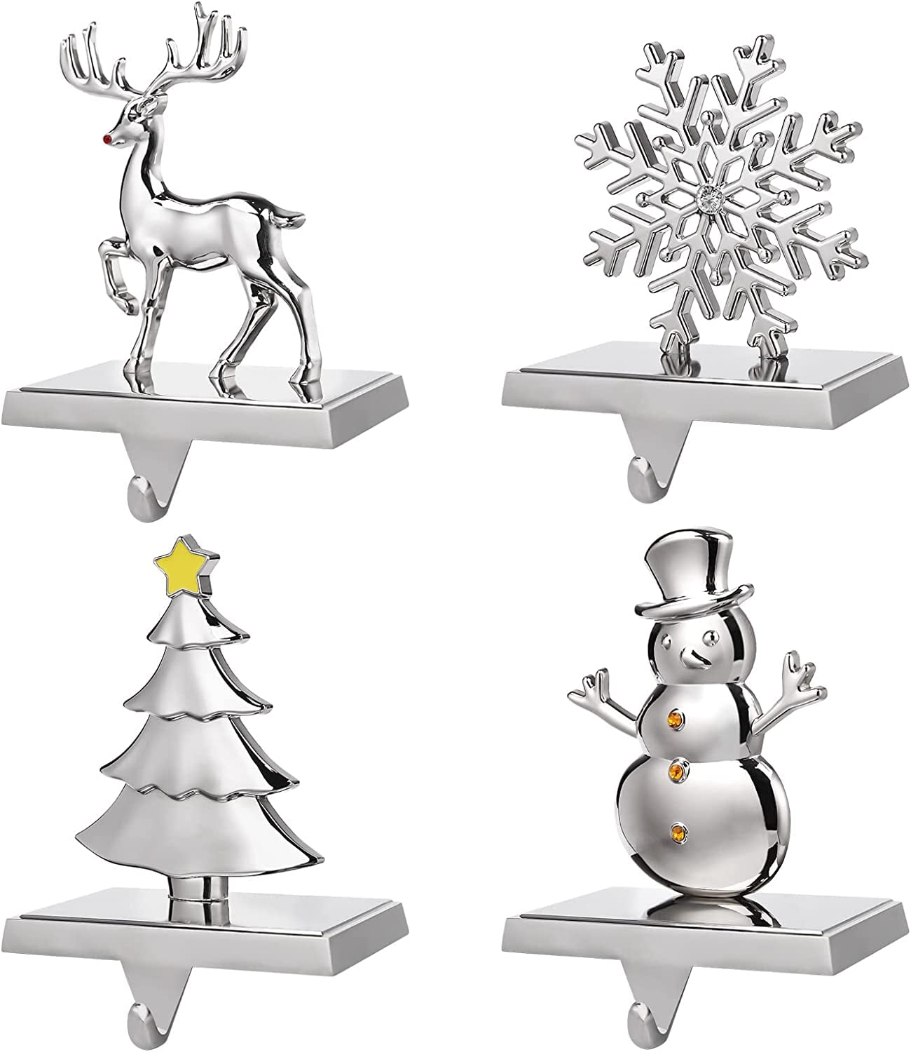 Kalolary Christmas Stocking Holders, Set of 4 Silver Stocking Hangers Snowman Snowflakes Christmas Tree Deer Mantel Hanger for Fireplace Mantle Christmas Decorations