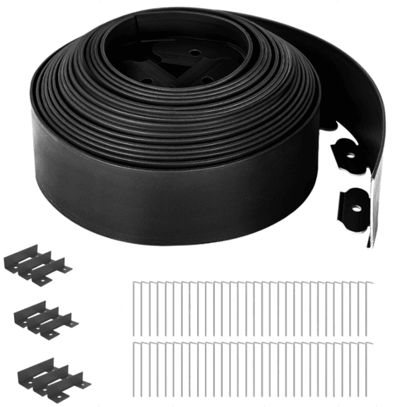 Kalolary Garden Landscape Edging, 40FT x 4 Inch Plastic Lawn Border with 36 L-Shaped Spikes & 3 Connectors for Garden Landscaping & Flower Beds (Black)