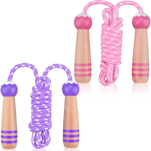Kalolary Jump Rope for Kids, Adjustable Kids Jump Ropes for Girls Boys Toddler Fitness, Cotton Skipping Rope with Wooden Handle for Outdoor Fun Activities Exercise - 2 Pack