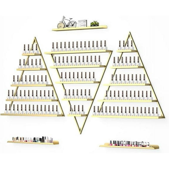 Kalolary 5-Tier Metal Wall-Mounted Nail Polish Storage Rack, Gold Triangular Display Shelf, Cosmetic Organizer for Lipstick, Perfume, Essential Oils for Home, Spa, Nail Salons, and Shops
