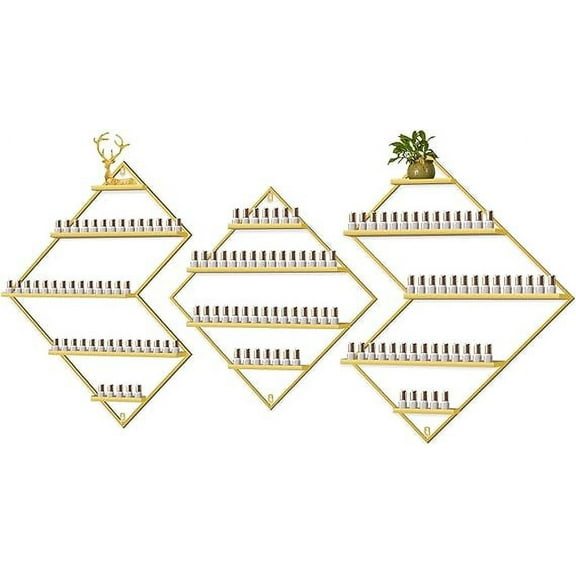 Kalolary Metal Wall-Mounted Nail Polish Storage Racks, Gold Irregular Rhomboid Display Rack, Cosmetic Organizer for Lipstick, Essential Oils, and Nail Polish Bottles – Perfect for Spa and Nail Salons