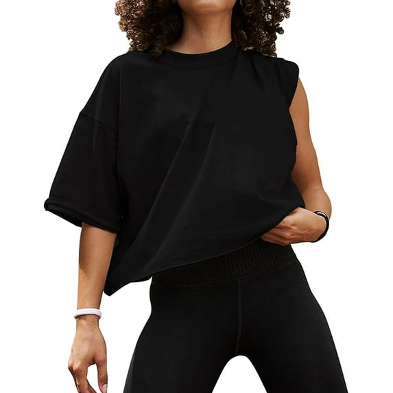 Kalolary Oversized Workout Shirts for Women, Short Sleeve Crop Tops, Casual Basic Cotton Athletic T-Shirts for Yoga, Running, and Everyday Wear