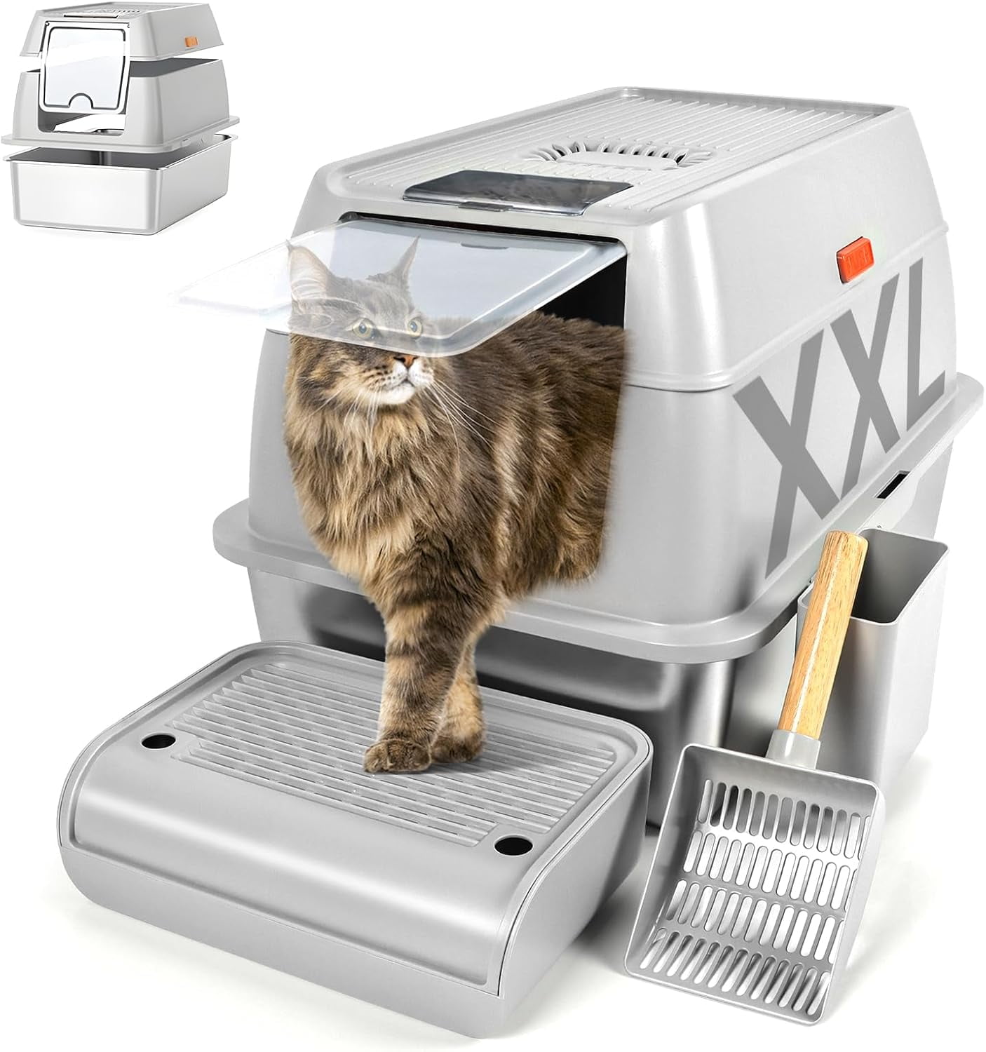 Kalolary Stainless Steel Cat Litter Box with Lid, Enclosed Removable Metal Litter Tray for Large Cat with High Sided Enclosure, Scoop, Pedal, Anti-Leakage, Non-Sticky, Easy Cleaning (Grey)