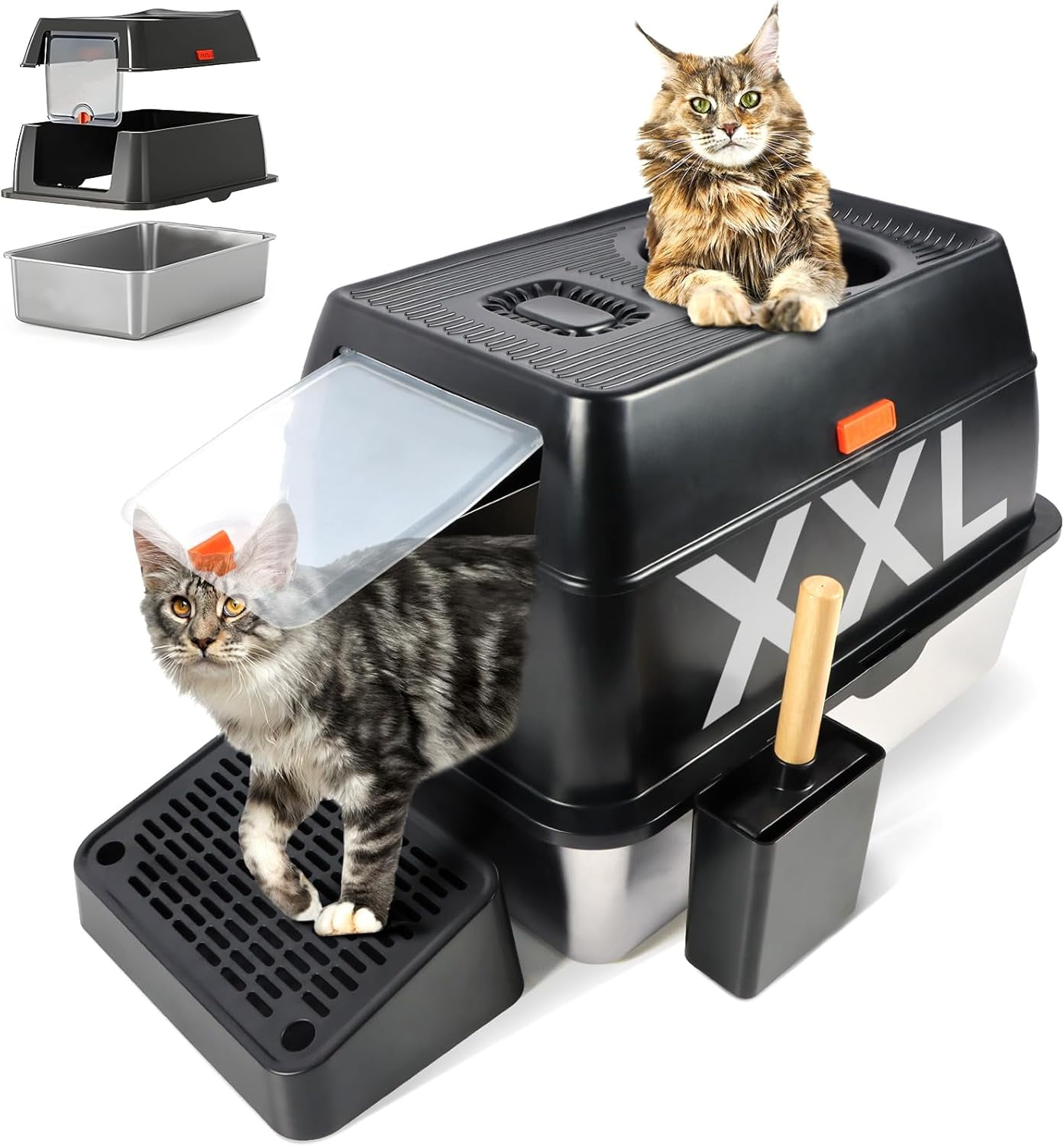 Kalolary Stainless Steel Cat Litter Box with Lid, Removable Metal Tray for Large Cats, Top Entry, High-Sided Enclosure, Scoop, Pedal, Anti-Leakage, Non-Sticky, Easy Cleaning (Black)