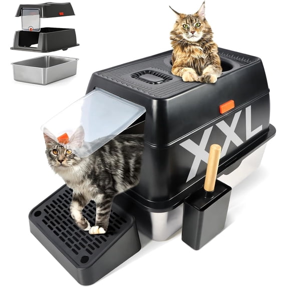 Kalolary Stainless Steel Cat Litter Box with Lid, Removable Metal Tray for Large Cats, Top Entry, High-Sided Enclosure, Scoop, Pedal, Anti-Leakage, Non-Sticky, Easy Cleaning (Black)