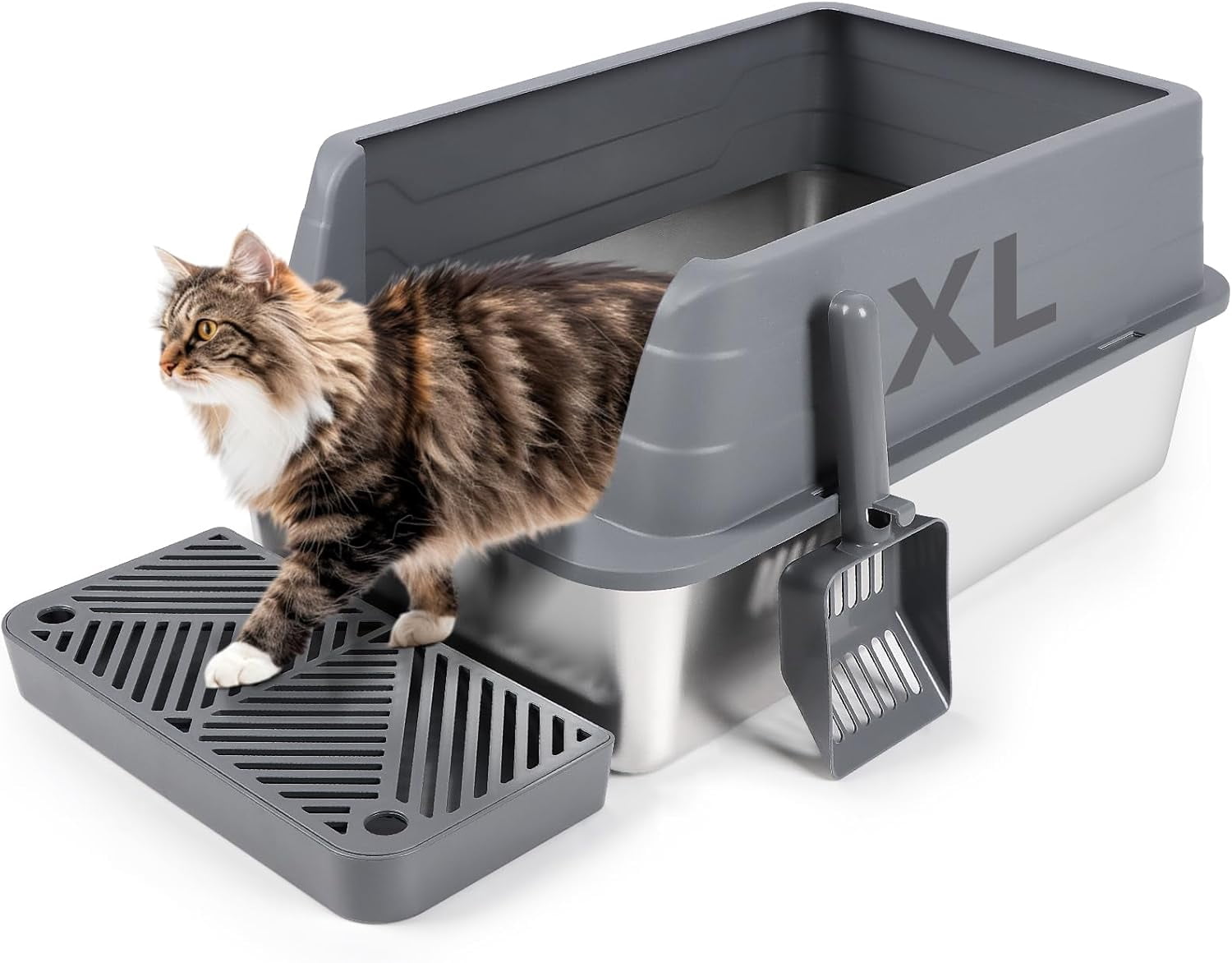 Kalolary Stainless Steel Litter Box, XL 22.9”x15”x 10.3” High Sided Metal Cat Litter Tray with Scoop, Filter Pedal for Anti-Splash, Odor-Free, Non-Sticky, Easy to Clean (Dark Grey)