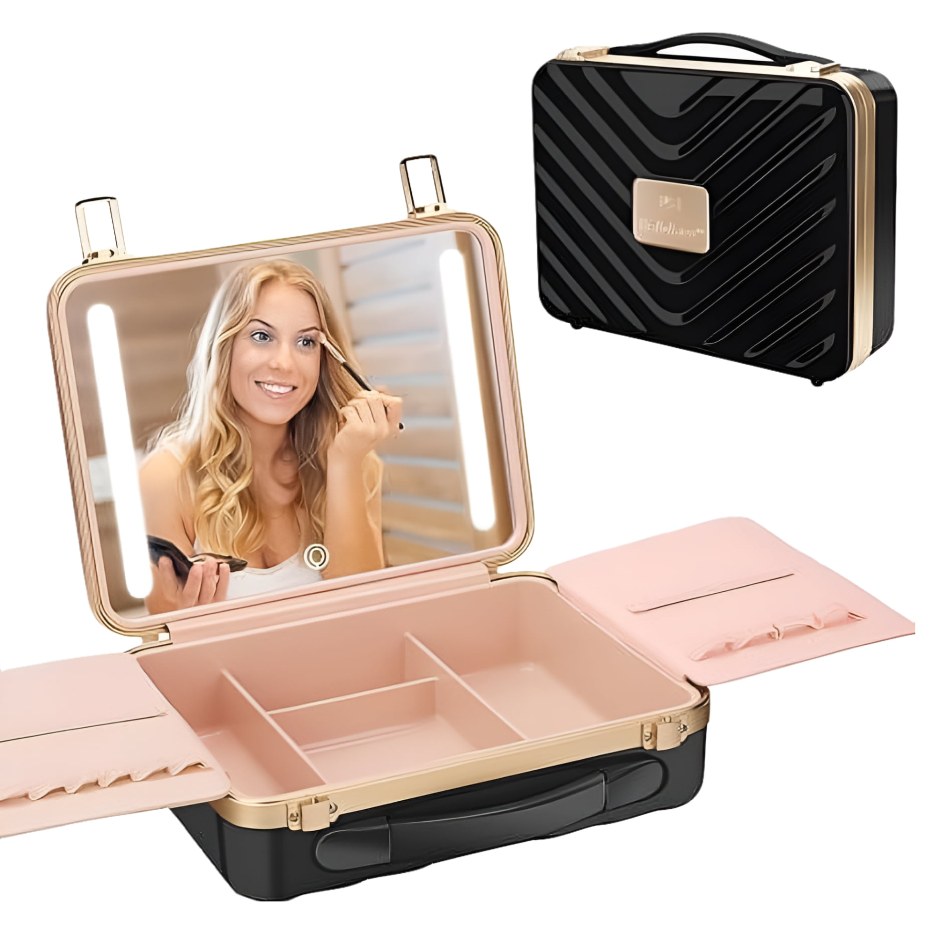 Kalolary Travel Makeup Train Cases with Lighted Mirror 3 Color Setting Makeup Bag Cosmetic Case Organizer Adjustable Brightness Portable Makeup Storage Box For Makeup Brushes Accessories Tools Black W...