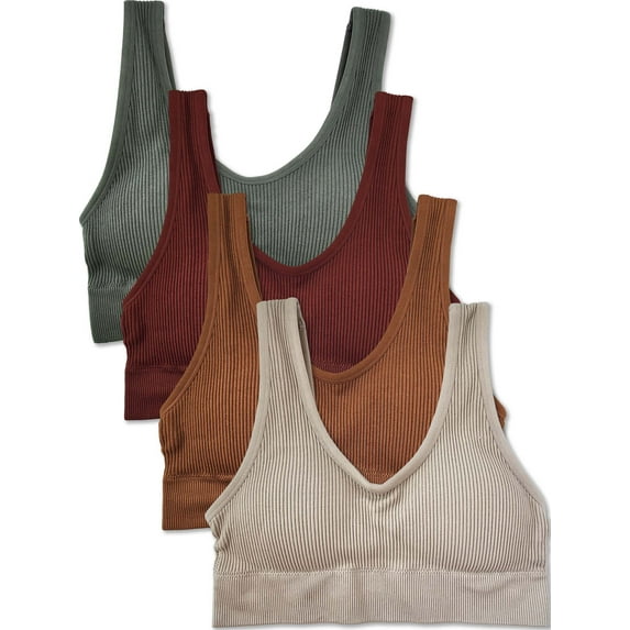 Kalon 4 Pack Ribbed Bralette Crop Top Comfort Lounge Bra