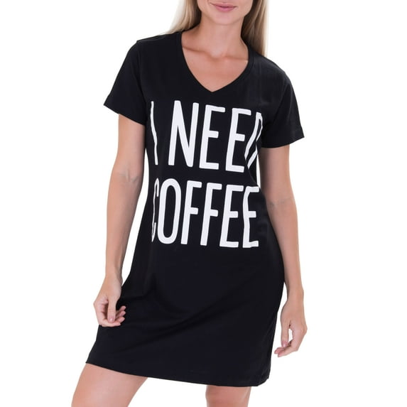 Kalon I Need Coffee Sleep Tee Caramel Cantina Long Length Nightshirt (2XL/3XL, Black)