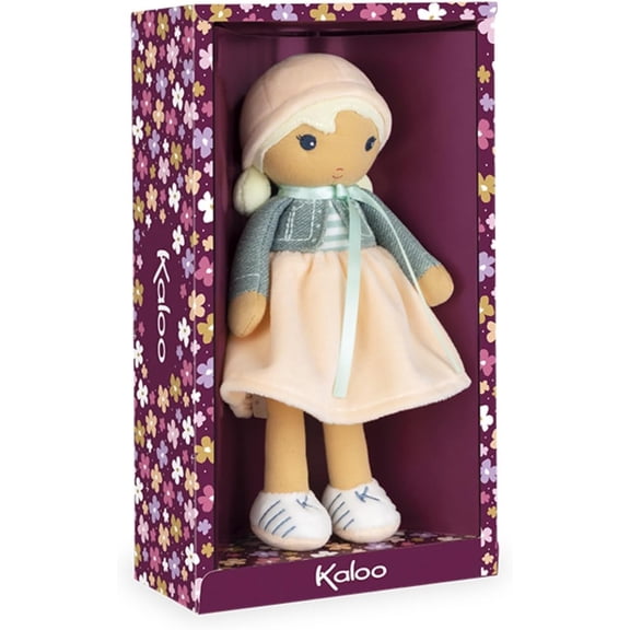Kaloo Tendresse My First Fabric Doll Chloe K 9.75  Medium Soft Plush Figure in Peach and Striped Dress, Denim Jacket and Blonde Hair with Embroidered Face Machine Washable for Ages 0+, K963659 25 cm / 9.8 Inch