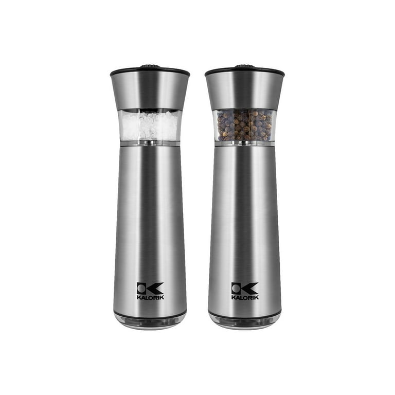 Easygrind Electric Gravity Salt and Pepper Grinder Set in Stainless Steel Easygrind Electric Gravity Salt and Pepper Grinder Set in Stainless Steel