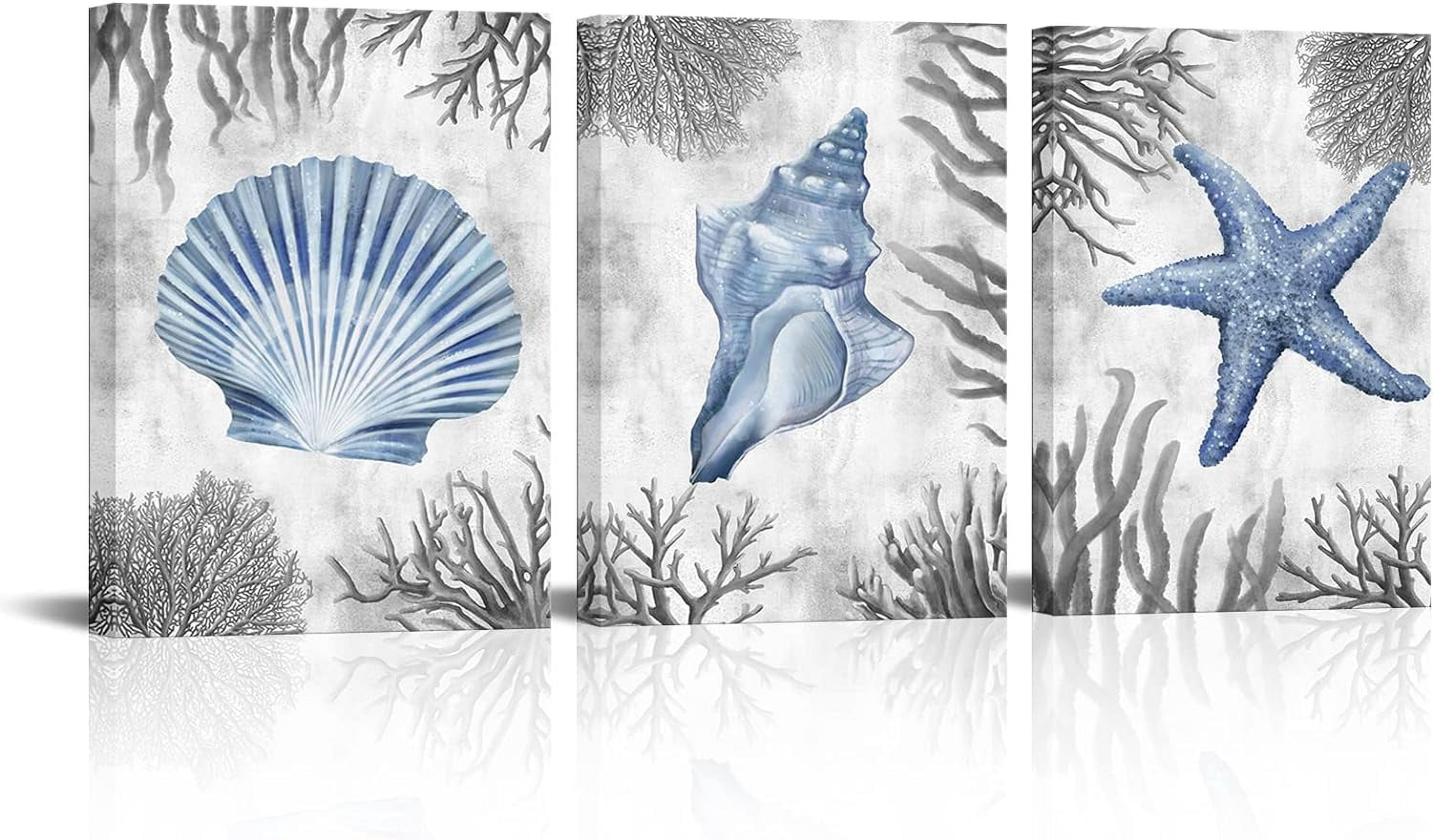 Kalormore Sea Coastal Style Canvas Wall Art Blue and Grey Starfish Shell Conch Coral Picture Prints Gallery Canvas Wrapped on Premium Wood Frame Ready to Hang for Living Room Bedroom Bathroom