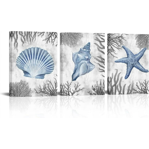 Kalormore Sea Coastal Style Canvas Wall Art Blue and Grey Starfish Shell Conch Coral Picture Prints Gallery Canvas Wrapped on Premium Wood Frame Ready to Hang for Living Room Bedroom Bathroom