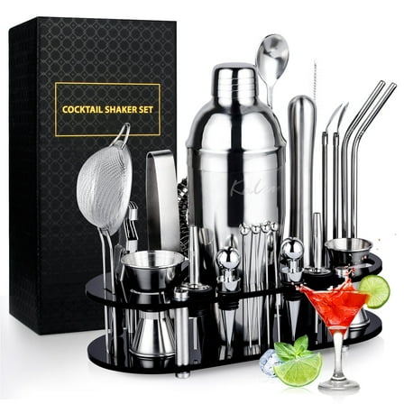 Biemlerfn 25-Piece Cocktail Shaker Set, Mixology Bartender Kit with Acrylic Stand Stainless Steel Bar Tools, Full Bartender Accessories and Recipe Book
