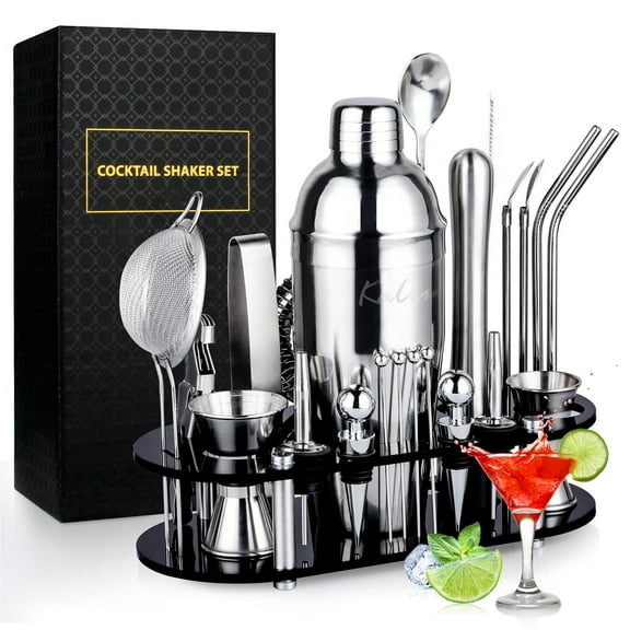 Biemlerfn 25-Piece Cocktail Shaker Set, Mixology Bartender Kit with Acrylic Stand Stainless Steel Bar Tools, Full Bartender Accessories and Recipe Book