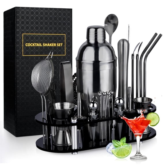 Biemlerfn 25-Piece Cocktail Shaker Set, Mixology Bartender Kit with Acrylic Stand Stainless Steel Bar Tools, Full Bartender Accessories and Recipe Book