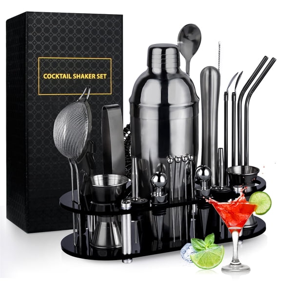 Biemlerfn 25-Piece Cocktail Shaker Set, Mixology Bartender Kit with Acrylic Stand Stainless Steel Bar Tools, Full Bartender Accessories and Recipe Book