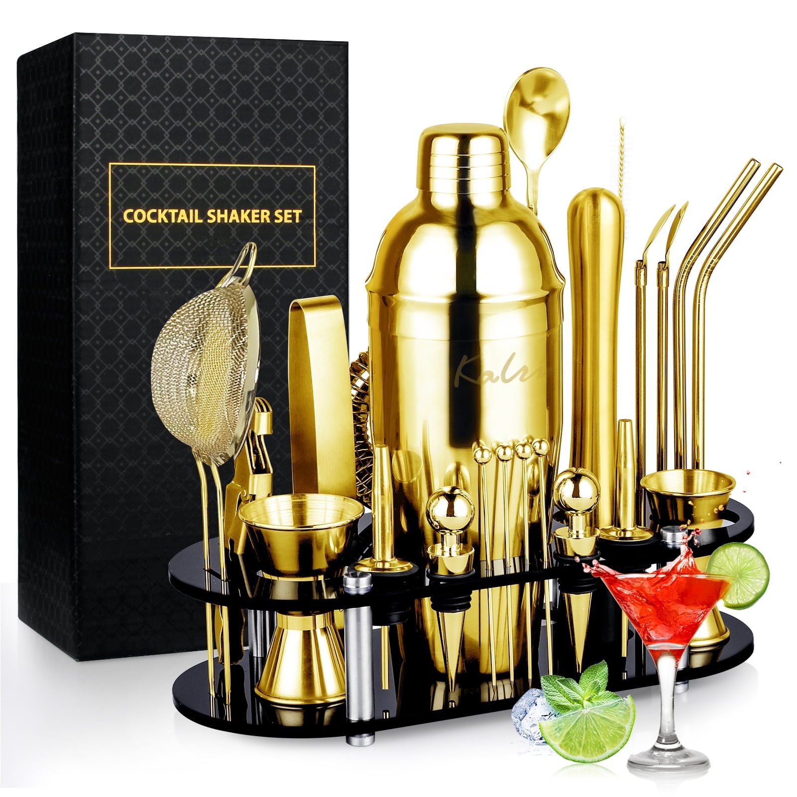 Gold 25-Piece Stainless Steel Bartender Kit with Acrylic Stand