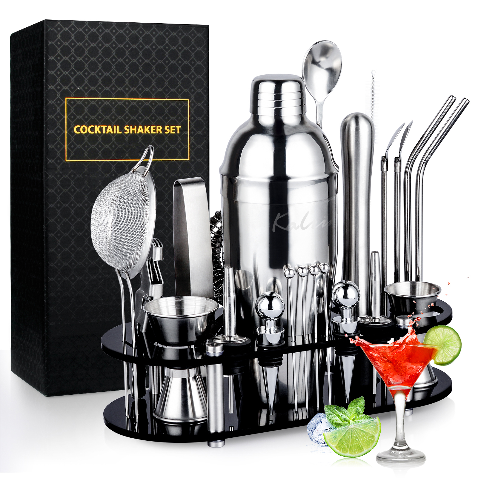 Kalrin Bartender Kit, 25-Piece Cocktail Shaker Set Stainless Steel Bar Tools with Acrylic Stand, Full Bartender Accessories - image 1 of 9