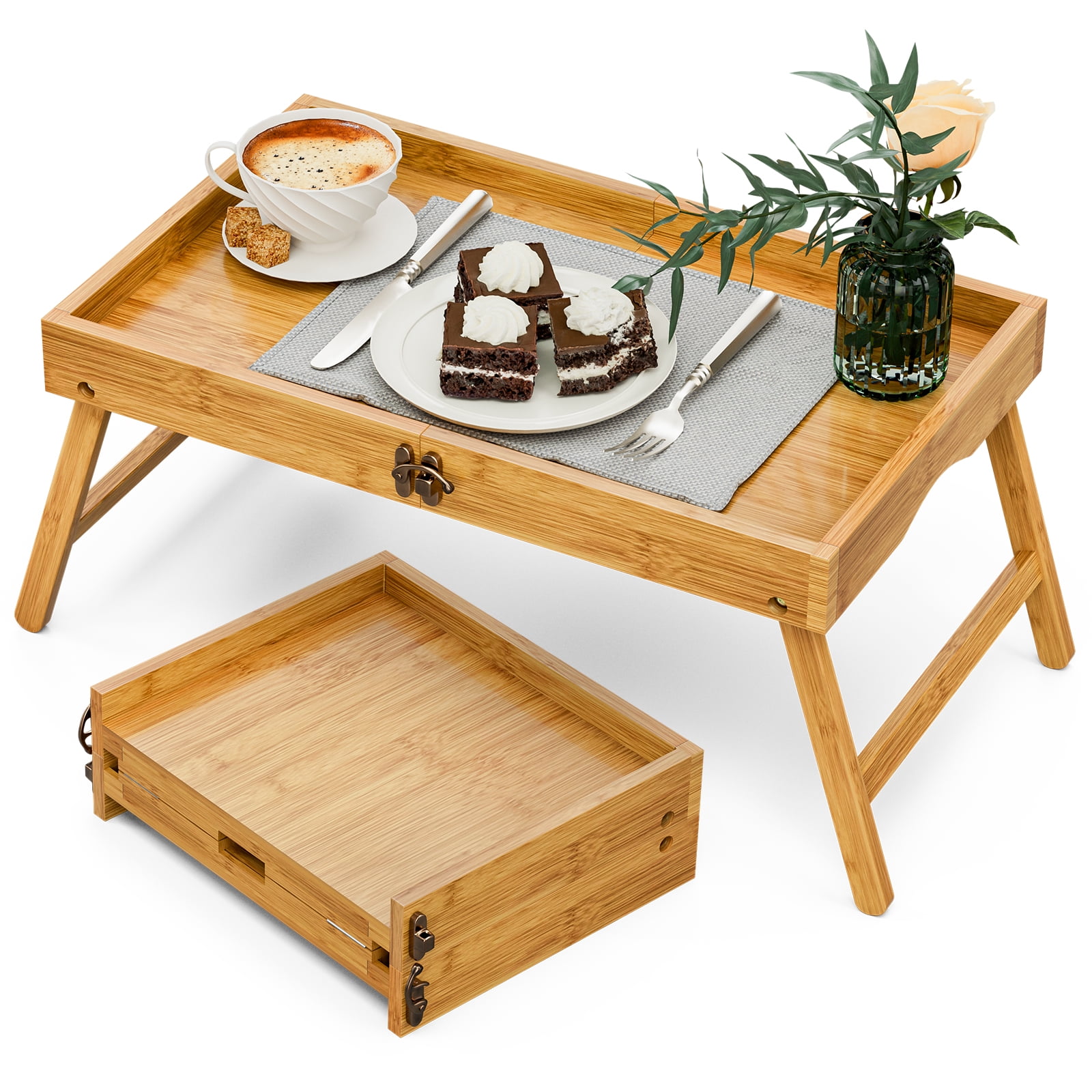 Bamboo Serving Tray,Food Tray for Eating on Bed,Coffee