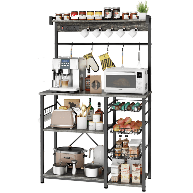 Biemlerfn 39.8 Wide Large Bakers Rack with Power Outlets 5 Tiers Coffee Bar Table with 3 Wire Basket 15 Hooks Microwave Stand Kitchen Storage