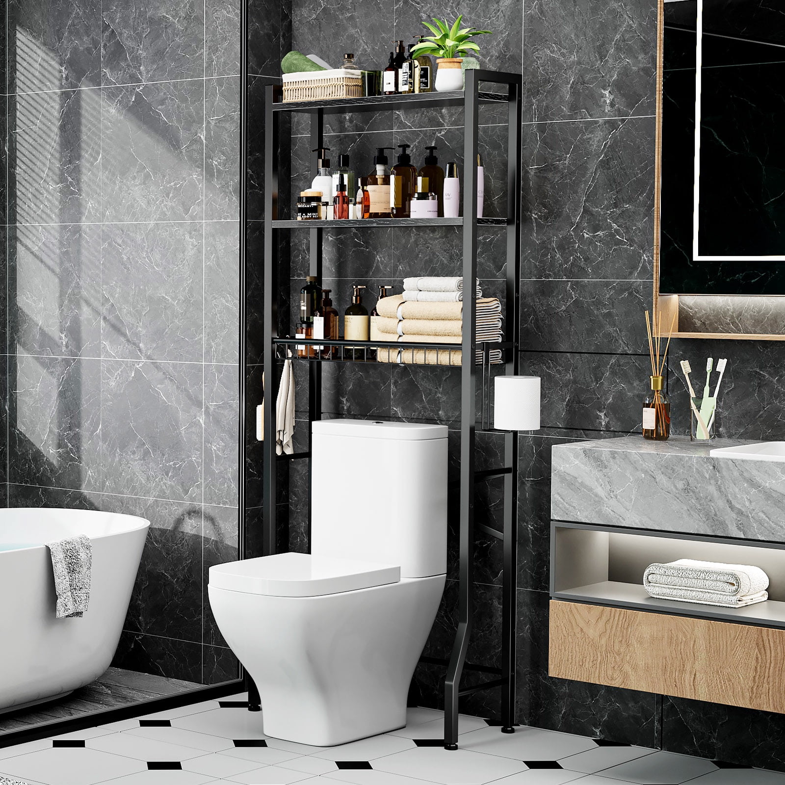 Biemlerfn Over The Toilet Storage Shelf, 3-Tier Wooden Bathroom Organizer Freestanding Space Saver with Toilet Paper Holder and 3 Hooks, Black