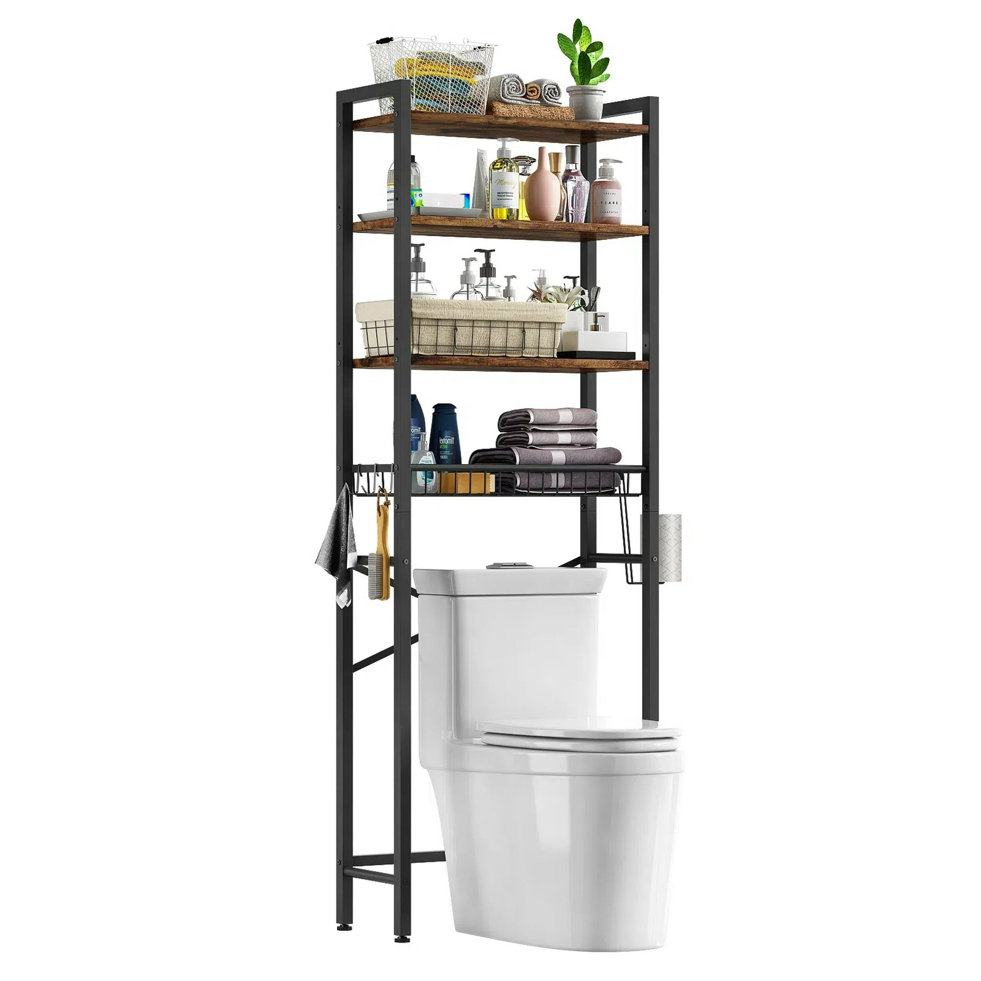 Biemlerfn Over The Toilet Storage Shelf, 4-Tier Wooden Bathroom Organizer Adjustable Saver Space Rack with Toilet Paper Holder, Brown