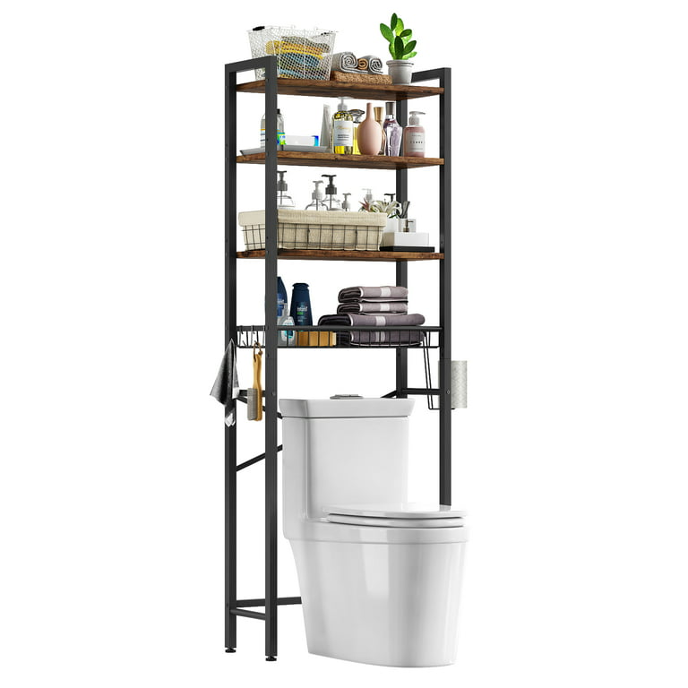 Over The Toilet Storage Cabinet with 3-Tier Adjustable Shelf, Carbon Steel Over  Toilet Bathroom Organizer Rack with 3 Hooks, Space-Saving for Bathroom/Restroom/Laundry  (3, Black, Large)