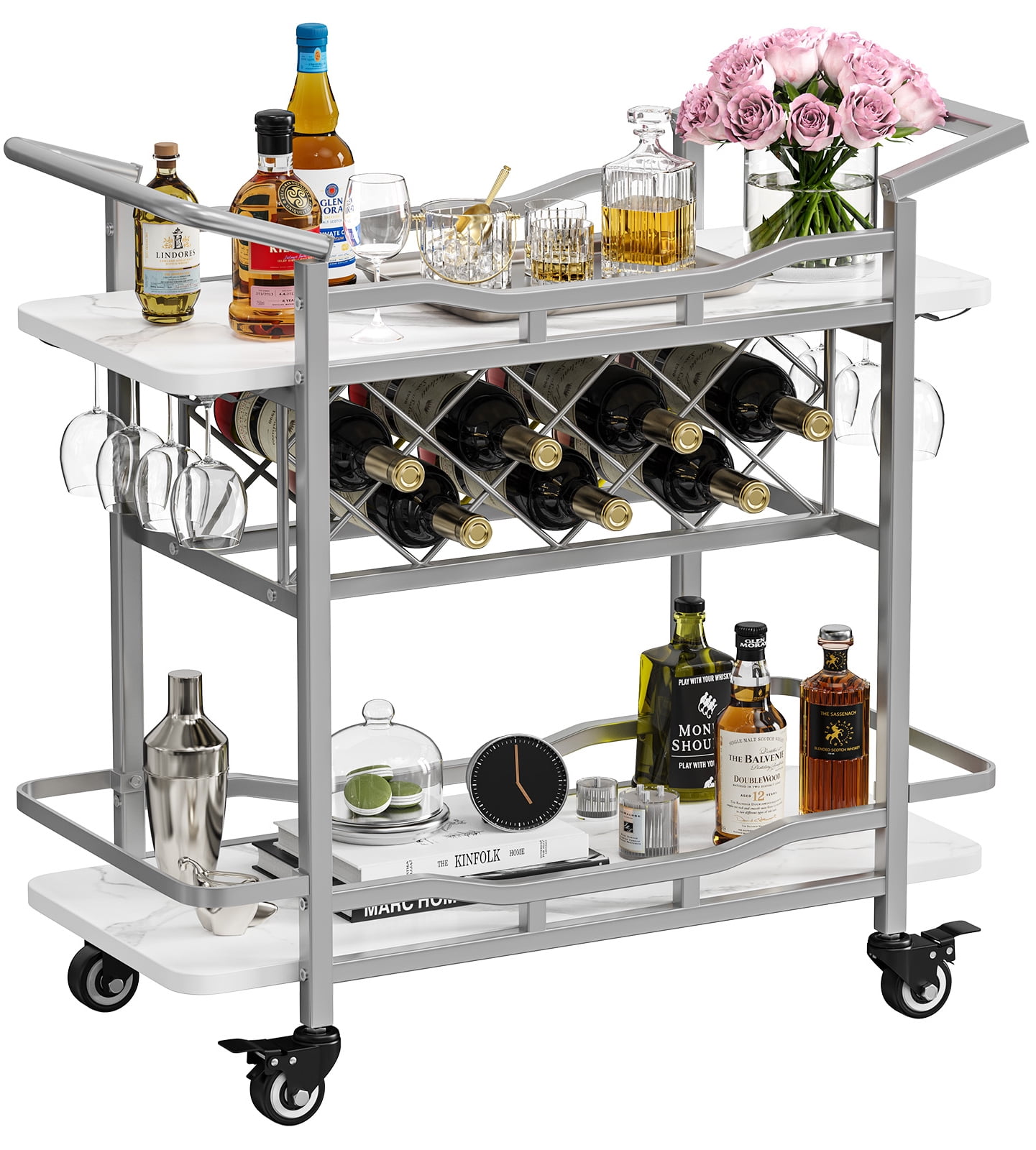 Kalrin Rolling Bar Cart with Wheels, Beverage Serving Cart with Wine
