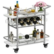 Kalrin Rolling Bar Cart with Wheels, Beverage Serving Cart with Wine Racks and Glasses Holder, Coffee Bar Cart for The Home, Party, Silver