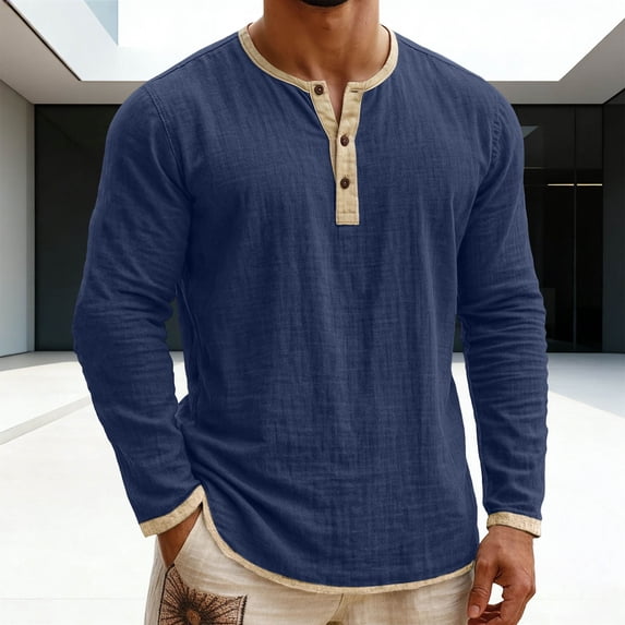 Kaluayu Men's Cotton Linen Henley Shirts Casual Long Sleeve Button Cotton Tops Fashion Classic Tees T-Shirt