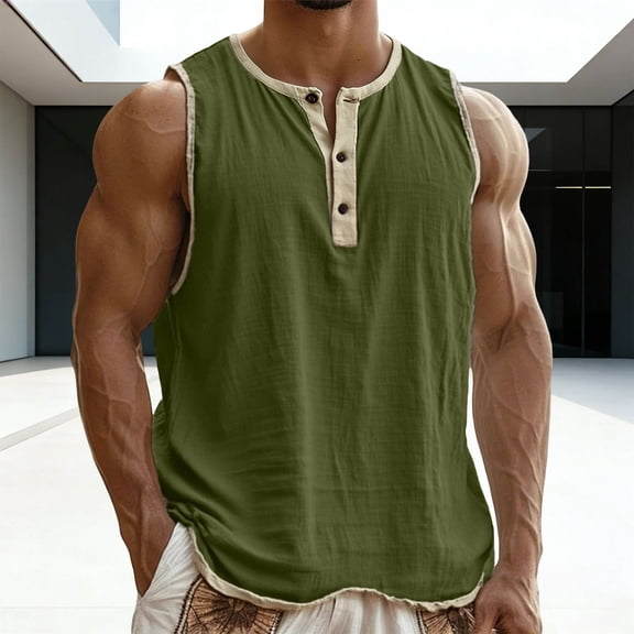 Kaluayu Men's Workout Tank Tops Sleeveless Gym Muscle Henley Shirt Casual Basic Summer Beach Tops
