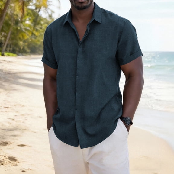 Kaluayu Mens Button Down Short Sleeve Shirt Casual Beach Shirt Summer Vacation Textured Shirts