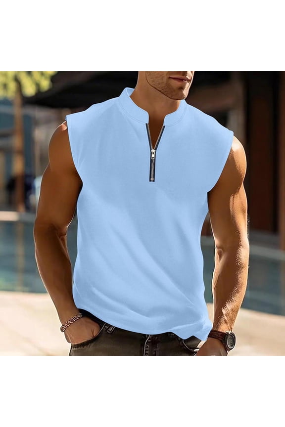 Kaluayu Mens Muscle Tank Tops Sleeveless Workout Gym Band Collar Zipper Henley Shirt Casual Basic Summer Beach Tops