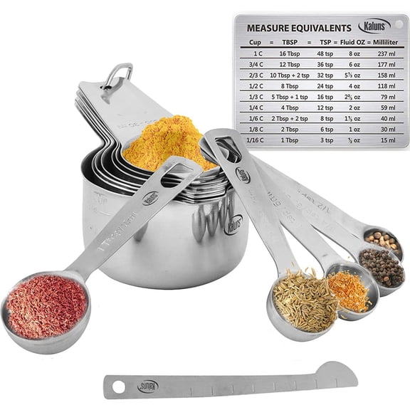 Kaluns 16-Pc Stainless Steel Measuring Cups and Spoons Set with Leveler & Measurement Card