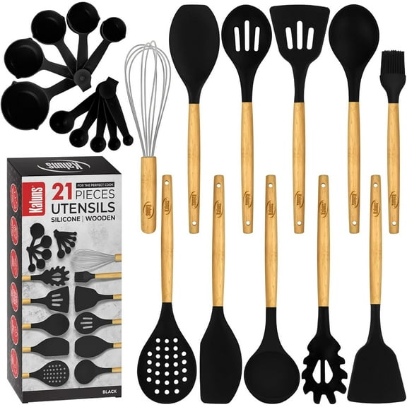 Kaluns 21 Pcs Wood and Silicone Kitchen Utensils Set for Cooking Household Essentials – Premium Cooking Utensil Set, Black