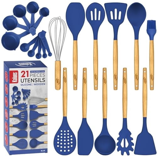 Kaluns 21 Pcs Wood and Silicone Kitchen Utensils Set for Cooking Household Essentials – Premium Cooking Utensil Set, Blue