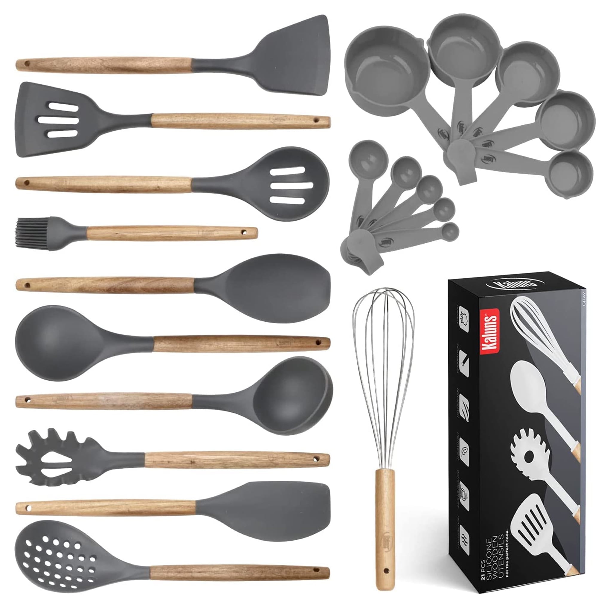 Kaluns 21 Pcs Wood and Silicone Kitchen Utensils Set for Cooking Household Essentials – Premium Cooking Utensil Set, Gray