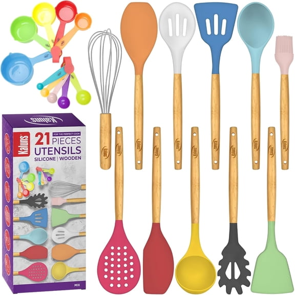Kaluns 21 Pcs Wood and Silicone Kitchen Utensils Set for Cooking Household Essentials – Premium Cooking Utensil Set, Multicolored