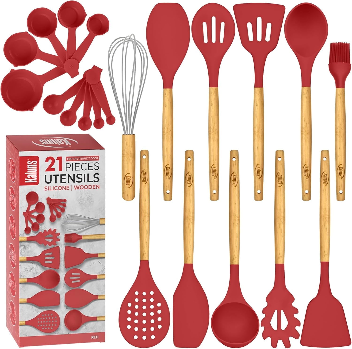 Kaluns 21 Pcs Wood and Silicone Kitchen Utensils Set for Cooking Household Essentials – Premium Cooking Utensil Set, Red