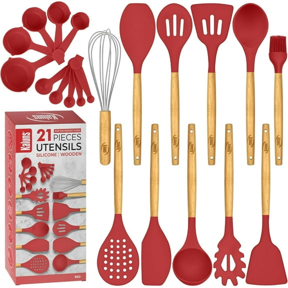 Kaluns 21 Pcs Wood and Silicone Kitchen Utensils Set for Cooking Household Essentials – Premium Cooking Utensil Set, Red